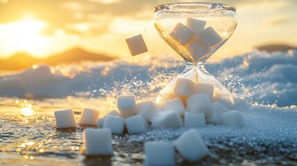 A broken hourglass with sugar cubes instead of sand, swept away by a golden breeze, symbolizing fleeting sweetness.