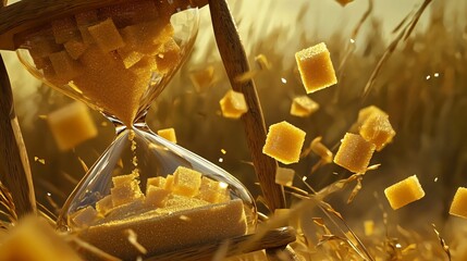 A broken hourglass with sugar cubes instead of sand, swept away by a golden breeze, symbolizing fleeting sweetness.