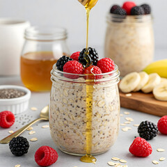 A jar of overnight oats topped with raspberries and blackberries is drizzled with golden honey, surrounded by fresh ingredients in a rustic setup. Generative AI
