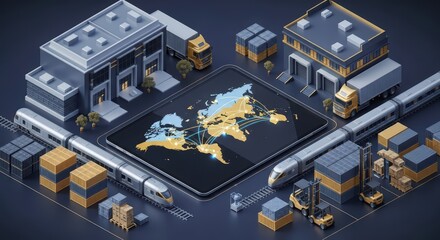 Isometric view showing a global logistics network of truck, train, forklift, warehouse, and shipping container to illustrate international trade and distribution.