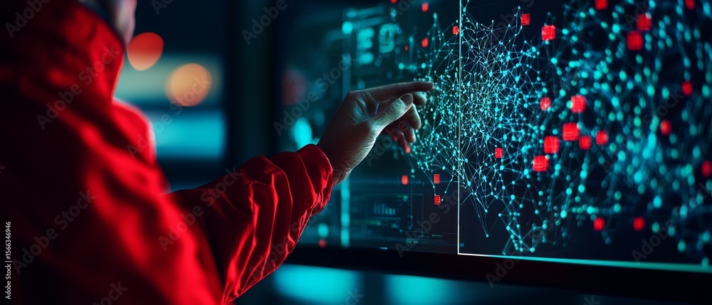 Poster a person interacts with a digital network visualization on a screen, highlighting data connections a