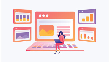 Woman sitting on a giant keyboard surrounded by browser windows with charts and data displays