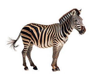 A single zebra standing in profile against a clean white background