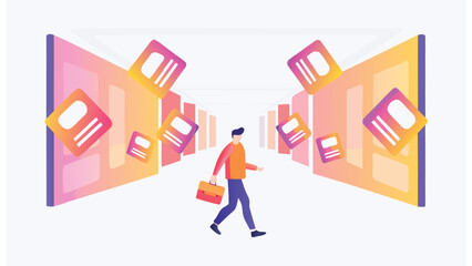Illustration of a man walking with briefcase amidst floating document icons and gradient walls design