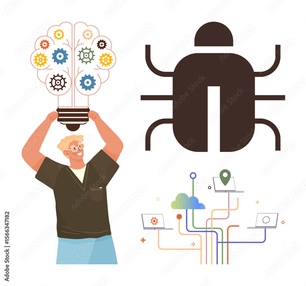 Poster man holding light bulb with cogs, symbolizing ideas. black bug represents software glitch. cloud, ma
