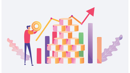 Man stacking coins with upward arrow and bar chart representing financial growth and investment success