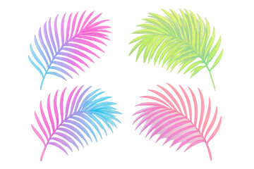 Four colorful tropical leaves in vibrant pink, blue, green, and purple hues create a dynamic summer composition against a transparent background