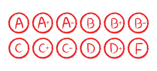 Set of red hand-drawn academic grade icons from A+ to F in circular outlines. Ideal for school projects, educational materials, reports, stickers, or digital grading.