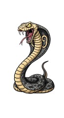 Fototapeta premium a drawing of a cobra snake doing a crazy pose against a solid white background. exaggerated low brow style art, serpent, fangs, poisonous, tattoo style, graphic, aggressive snake, crazy pose, bizarre 