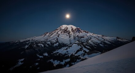 A snow-covered mountain rises against a dark blue sky illuminated by a bright moon and stars, showcasing a winter landscape for adventure and exploration.