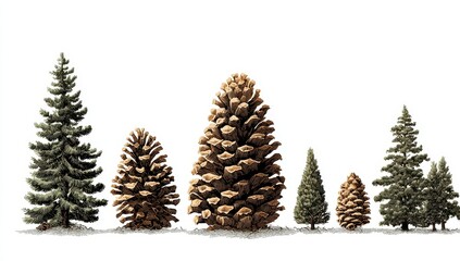 Pinecones and Conifer Trees Collection on Plain Backdrop for Nature Illustration Use