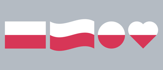  A set of creative variations of the Polish flag, featuring square, wavy, circular, and heart-shaped designs, all incorporating the red and white colors of the national flag.