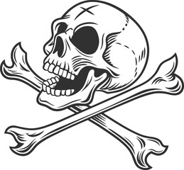 Grunge vector illustration of a pirate skull and crossbones with a sword, perfect for a gothic tattoo design or a scary Halloween symbol