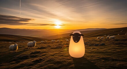 A glowing sheep lamp stands in a field with grazing sheep during a scenic sunset, providing ambient lighting and a touch of whimsy to any room.