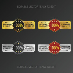 Set of 100% Guarantee, Premium quality, Official Warranty and Original Product Hexagon Badges Vector Label Design, Gold and silver badges.
