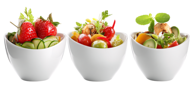 Fresh salads in minimalist bowls  on transparent background