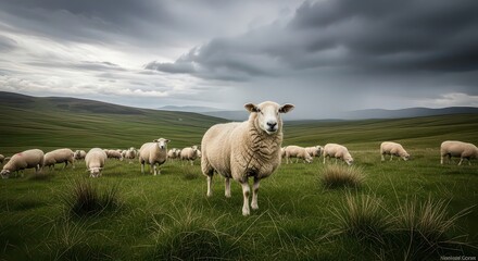 A flock of sheep graze in a grassy field under a dramatic, cloudy sky, creating a peaceful scene used for farm or landscape imagery.