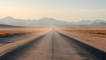 Fototapeta premium asphalt road laid through the desert, going into the distance. in the distance the road is obscured by sand dust. mountains are visible on the horizon