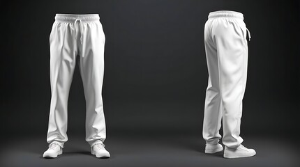 Blank white sweatpants mockup in front and side views, isolated on gray background, high-resolution 3D render for fashion design, apparel branding, or product presentation