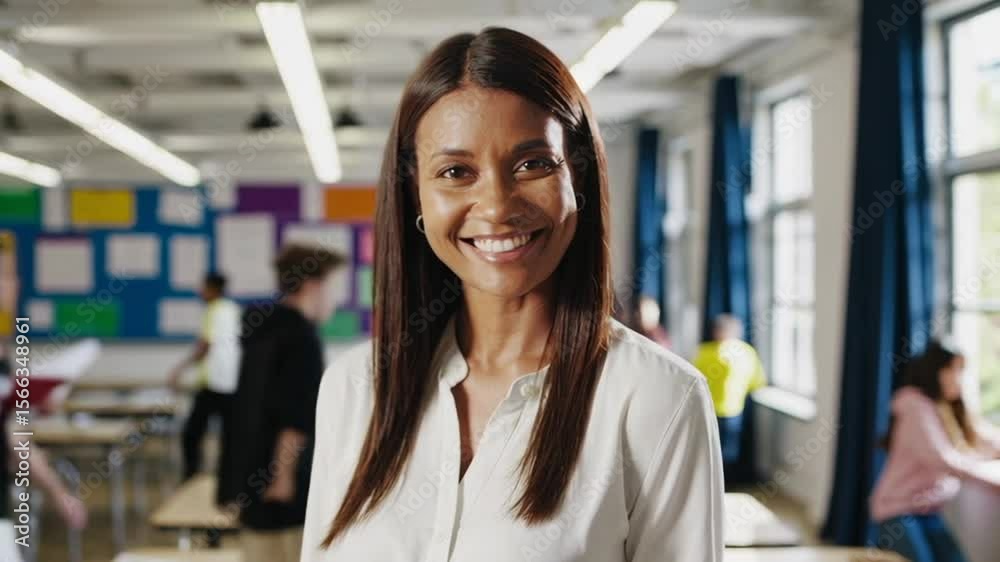 Poster cheerful educator standing in classroom, beaming with joy while students playfully engage in learnin