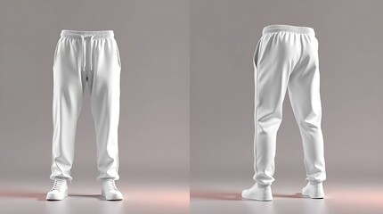 Blank white sweatpants mockup in front and side views, isolated on gray background, high-resolution 3D render for fashion design, apparel branding, or product presentation