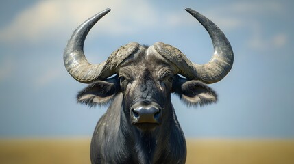Naklejka premium Majestic African Buffalo Portrait Close Up Powerful Horns