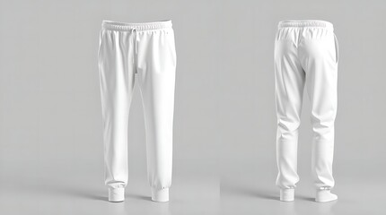 Blank white sweatpants mockup in front and side views, isolated on gray background, high-resolution 3D render for fashion design, apparel branding, or product presentation