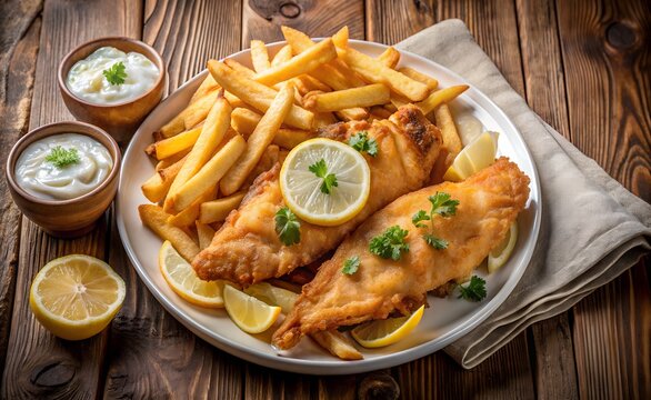 Crispy Fried Fish and Chips with Tartar Sauce, Lemon Wedges, Rustic Wooden Table Setting