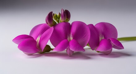 A close-up shot captures the vibrant purple petals of a flower blossom, with closed buds in the background, perfect for springtime or floral designs.