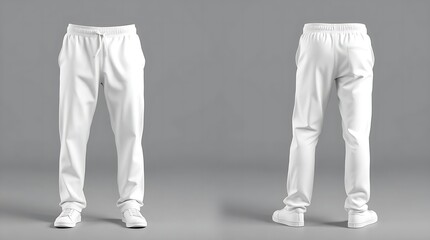 Blank white sweatpants mockup in front and side views, isolated on gray background, high-resolution 3D render for fashion design, apparel branding, or product presentation