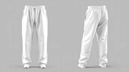 Blank white sweatpants mockup in front and side views, isolated on gray background, high-resolution 3D render for fashion design, apparel branding, or product presentation