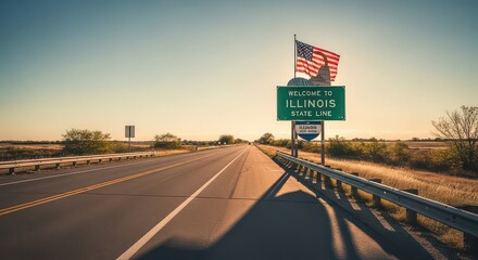 An Illinois state line sign and an American flag stand beside a long road with fields on either side, ideal for travel photography and scenic landscapes.