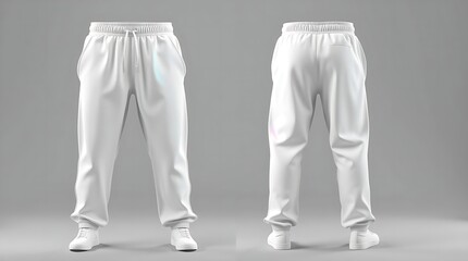 Blank white sweatpants mockup in front and side views, isolated on gray background, high-resolution 3D render for fashion design, apparel branding, or product presentation