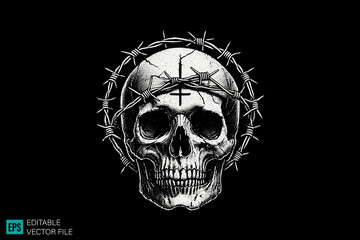 Skull head with fence dark art scary creepy style tattoo illustration vector black and white background templates