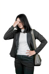 Tired Young Businesswoman Holding Head Suffering from Headache in Black Suit with Shoulder Bag on White Background