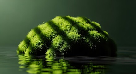 A lush green moss clump sits partially submerged in calm water, reflecting a striped pattern from overhead light, making it suitable for nature or peaceful backgrounds.