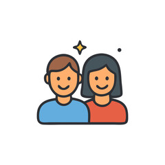 Happy couple, smiling faces, positive relationship, illustrated icons.