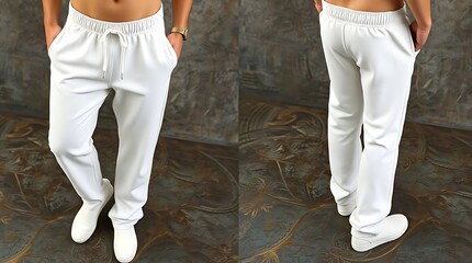 Blank white sweatpants mockup in front and side views, isolated on gray background, high-resolution 3D render for fashion design, apparel branding, or product presentation