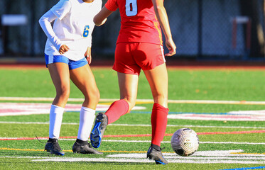 Girls Playing Soccer on a Turf Field During a Sunny Day