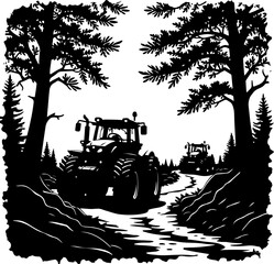 Naklejka premium Tractor Convoy Silhouette with Forest Background vector 