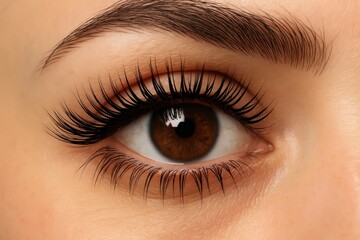 Obraz premium Close-up of a woman's eye with meticulously crafted eyelashes, showcasing natural beauty and precision in makeup artistry