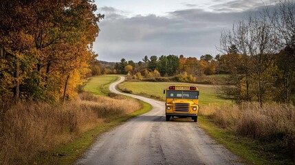 Autumnal country road with school bus