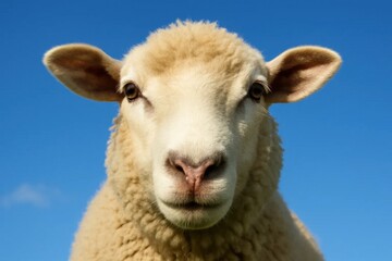 A sheep stands against a clear blue sky, its woolly coat gleaming under the sunlight