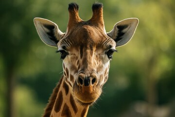 Obraz premium Close-up of a majestic giraffe in its natural habitat, with a serene backdrop of lush greenery