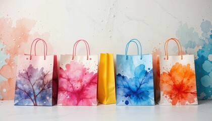 Bright shopping bags with a variety of watercolor designs hanging in a row are perfect for retail or marketing themes.