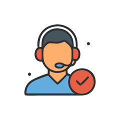 A stylized illustration of a customer service representative with a headset and a checkmark.