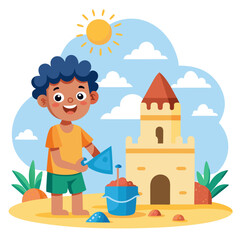 little boy playing with sand castle
