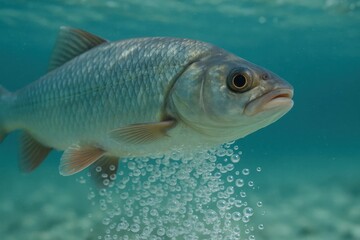 Fototapeta premium A solitary fish navigates the depths of the ocean, surrounded by a sea of bubbles