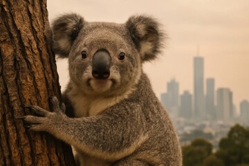 Obraz premium Amidst the haze of urban sprawl, a koala finds solace in nature's embrace