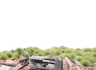 rubble brick wall and collapse building and grass